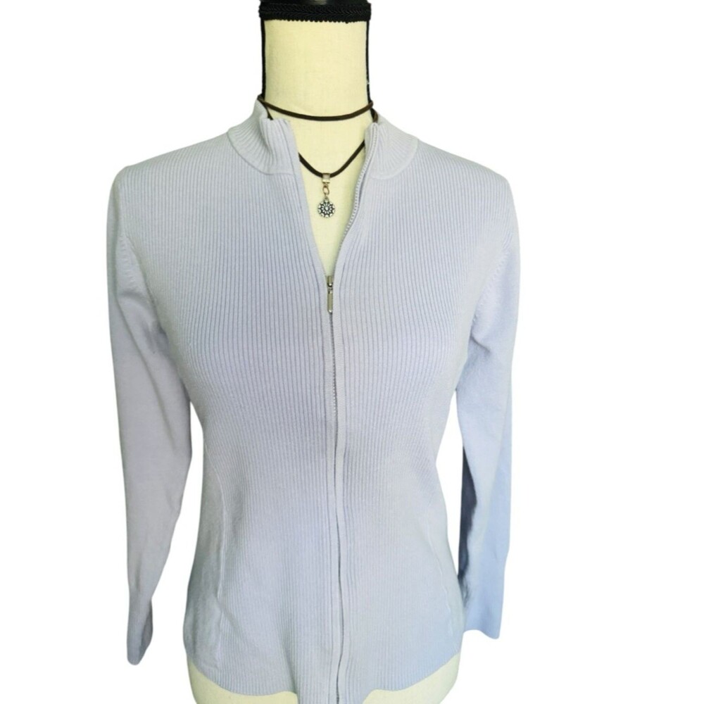 Lavender Women's Fitted Ribbed Full Zip Cardigan Sweater Mock Neck Medium Y2K